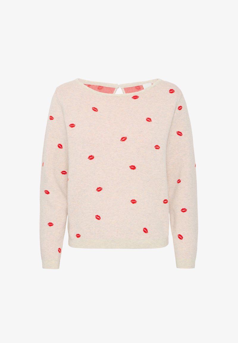 Suéter de punto en beige claro, con estampados de labios rojos dispersos. Cuello redondo, mangas largas y detalle de ojal en la parte posterior. Textura suave.
