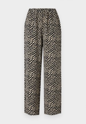 Wide-leg trousers made of lightweight fabric, featuring a black and beige zebra stripe pattern with a textured finish. Elastic waistband.
