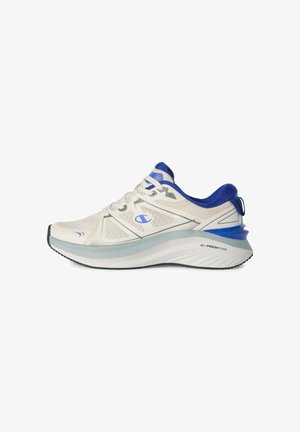 Scarpa da corsa atletica bianca e blu con tomaia in mesh, suola ammortizzata con etichetta "C-TECH FOAM" e logo laterale su sfondo bianco.