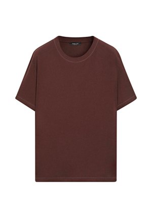 Schlichtes T-Shirt mit kurzen Ärmeln und Rundhalsausschnitt in einfarbigem Dunkelbraun, mit geradem Saum und ohne sichtbare Muster oder Logos.