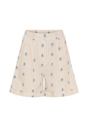 Lettere bomulds shorts med et lyserødt og hvidt lodret stribet mønster, der har små blå blomsterprint og en elastisk talje.