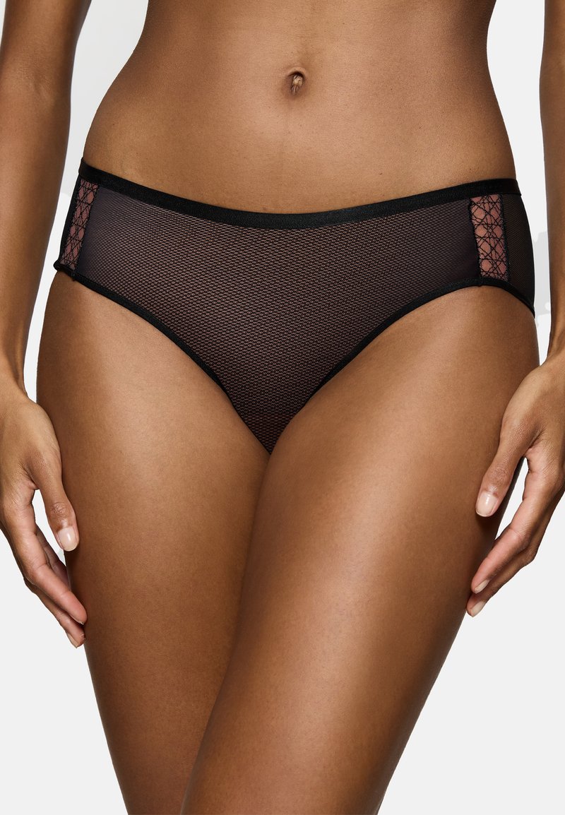 Schwarzes Netz-Bikini mit Spitzenakzenten an den Seiten. Verfügt über eine glatte Textur, ein figurschmeichelndes Design und einen kontrastierenden schwarzen Saum entlang der Kanten.