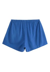 Pantaloni shorts in cotone blu con vita elastica, vestibilità ampia e taglio dritto. Texture liscia senza motivi o decorazioni visibili.
