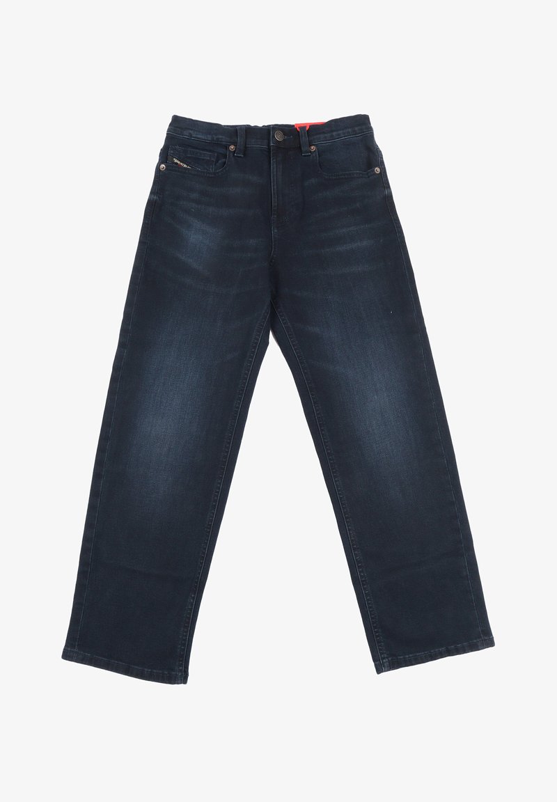 Jeans en denim bleu foncé avec une coupe droite, dotés d'une fermeture à bouton, de poches avant et arrière, et de légers détails de décoloration sur le tissu.