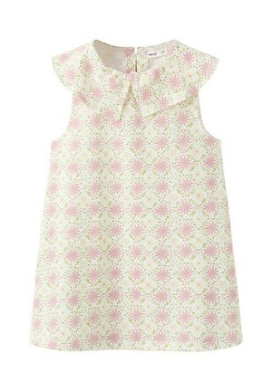 Robe sans manches pour tout-petit avec motif floral rose et vert, encolure ronde et large col volanté avec une petite ouverture à l'avant.