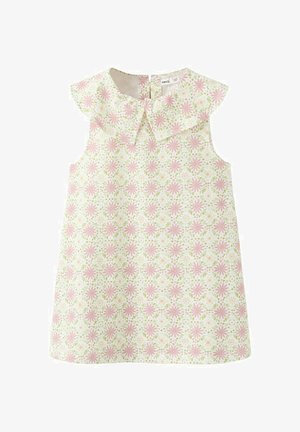 Haljina bez rukava za malu djecu s ružičasto-zelenim cvjetnim uzorkom, okruglim izrezom i širokim naboranim ovratnikom s malim prednjim otvorom.