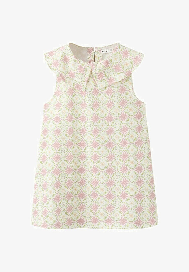 Robe sans manches pour tout-petit avec motif floral rose et vert, encolure ronde et large col volanté avec une petite ouverture à l'avant.