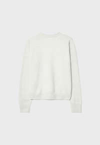 Pull gris clair à manches longues vu de dos avec poignets, ourlet et encolure côtelés sur un fond uni clair.