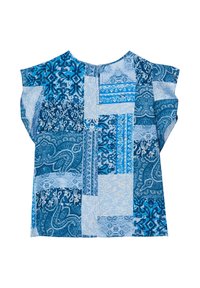 Blusa patchwork blu con varie tonalità di blu, motivi paisley e floreali, maniche corte e scollatura rotonda.
