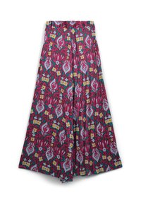 Floral patterned wide-leg pants featuring a vibrant color scheme of pink, turquoise, and yellow with an elastic waistband and soft fabric texture.