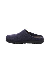 Dunkelblaue Filzclogs mit niedrigem Absatz, Gummisohle und strukturierter Oberfläche. Schlichtes Design mit glattem Obermaterial und ohne sichtbare Beschläge oder Muster.