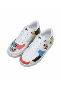 White sneakers with colorful geometric patterns in red, blue, black, and yellow. Features smooth leather, lace-up design, and perforated toe.