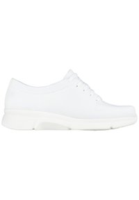 White athletic shoe with a lightweight, breathable mesh upper, rounded toe, and lace closure. Features a cushioned, flexible sole.