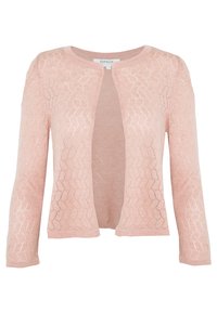 Öppen front, långärmad kofta i mjuk, ljusrosa stickad kvalitet. Har ett bikakmönster med delikat textur och ribbade ärmslut.