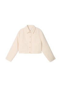 Beige strukturierte Jacke mit Button-Front, spitzem Kragen und zwei vorderen Taschen. Sie hat lange Ärmel und ein gewebtes Muster.