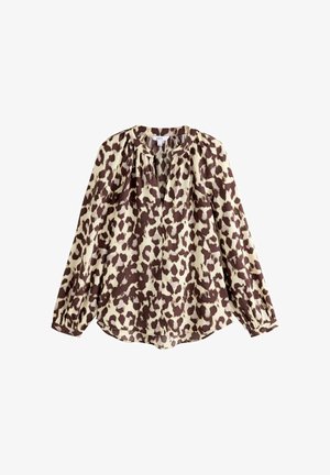 Bluse mit braunem und cremefarbenem Leopardenmuster, langen Ärmeln, rundem Ausschnitt und gefälteltem Detail. Glattes Material mit lockerer, lässiger Passform.