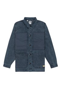Denim jacket in dark blue, featuring a textured finish, two large chest pockets, and button closures. The design includes a collar and long sleeves.