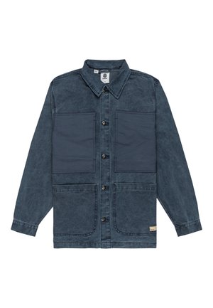 Denim jacket in dark blue, featuring a textured finish, two large chest pockets, and button closures. The design includes a collar and long sleeves.