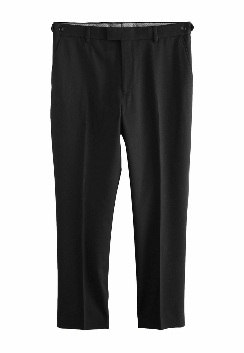 Čierne nohavice so rovný strihom, vyrobené z hladkej tkaniny, s uzatváraním na gombík a pútkami na opasok, bez viditeľných vzorov alebo akcentov.