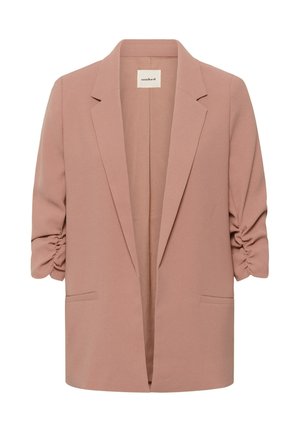 Világos rózsaszín blézer fodros háromnegyedes ujjakkal, visszahajtott gallérral, nyitott elülső résszel és két elülső díszzsebbel.