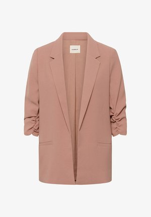 Világos rózsaszín blézer fodros háromnegyedes ujjakkal, visszahajtott gallérral, nyitott elülső résszel és két elülső díszzsebbel.