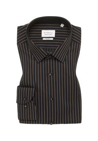 Zwarte shirt met dunne gouden strepen, slim fit, puntige kraag, voor knopen en een linkse borstzak met flapdetail.