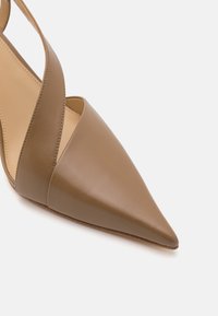 Chaussure en cuir marron à bout pointu avec un design de bride en travers inclinée, texture lisse et talon bas pour plus de stabilité.