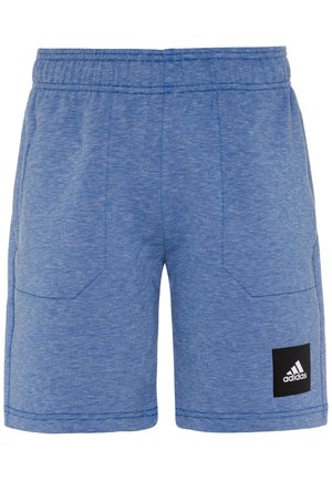Shorts de sport bleus avec une texture chinée, une taille élastique, deux poches latérales et un patch du logo Adidas noir sur la jambe gauche.