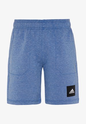 Pantalones cortos deportivos azules con una textura jaspeada, cintura elástica, dos bolsillos laterales y un parche del logo de Adidas en negro en la pierna izquierda.