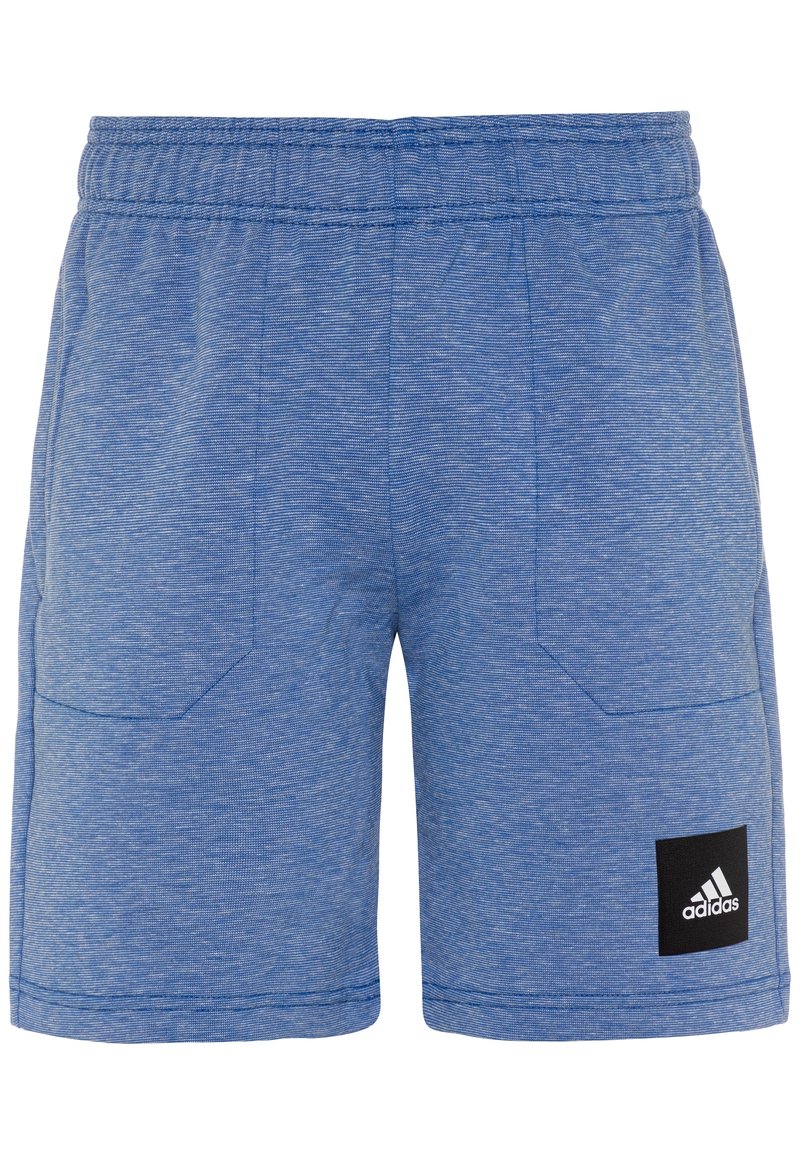Blå sportshorts med en melerad textur, elastisk midja, två sidofickor och en svart Adidas-logotypapplikation på vänster ben.