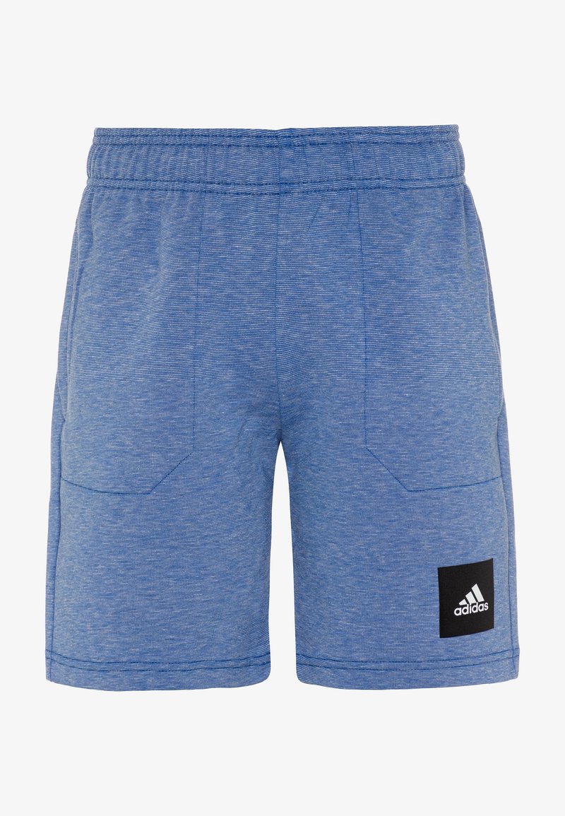 Pantalones cortos deportivos azules con una textura jaspeada, cintura elástica, dos bolsillos laterales y un parche del logo de Adidas en negro en la pierna izquierda.