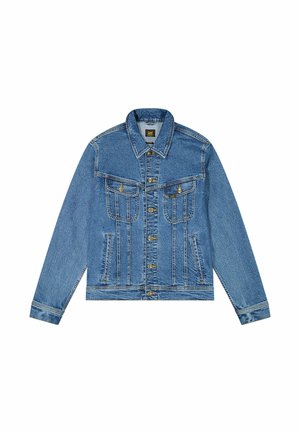Denimjacke mit einer hellblauen Waschung, klassischem Schnitt, spitzem Kragen, goldenem Knopfverschluss und zwei Brusttaschen mit dekorativen Nähten.