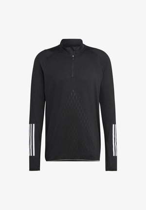 Schwarzes sportliches Langarmshirt mit einem Viertel-Längen-Reißverschluss, versehen mit reflektierenden weißen Streifen an den Ärmeln und einem strukturierten geometrischen Muster auf der Vorderseite.