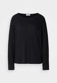 Long-sleeve black crew neck shirt with a small chest pocket, made from lightweight, slightly textured fabric.