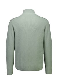 Minzgrüner, gerippter Pullover mit hohem Kragen und langen Ärmeln. Glatte Textur mit figurbetontem Schnitt und ohne sichtbare Verschlüsse oder Akzente.