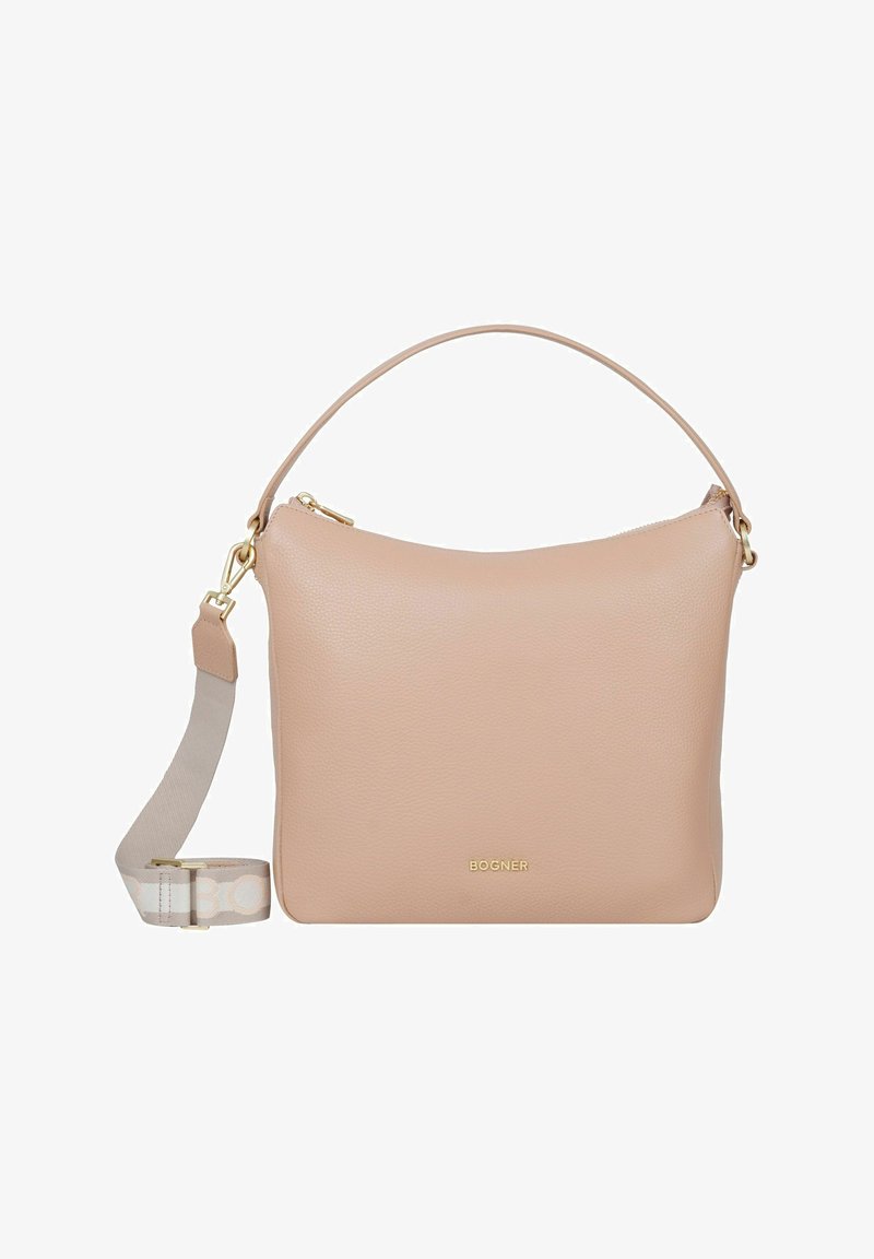 Rosa læderhåndtaske med en glat tekstur, buet form, guldhardware-detaljer og en aftagelig rem med et logomønster.