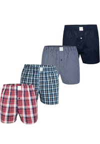 Cuatro pares de bóxers para hombre: cuadros rojos, cuadros azules, liso marino y cuadros negro-azul, con cinturillas elásticas y botones.