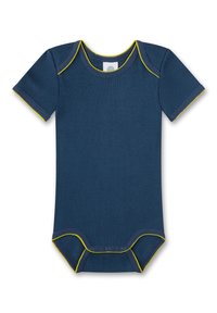 Marineblaues Kurzarm-Bodysuit mit gelben Akzenten am Ausschnitt und den Beinöffnungen, aus weicher Baumwolle mit Druckknöpfen am unteren Ende.