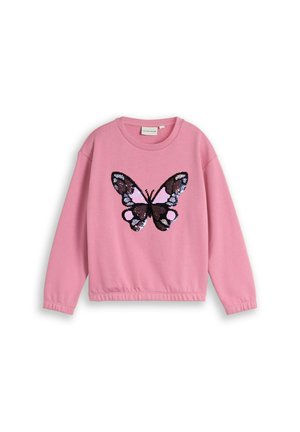Sweat-shirt rose à manches longues avec un grand motif papillon en sequins noirs, violets et bleus sur le devant.