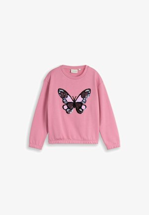 Sweat-shirt rose à manches longues avec un grand motif papillon en sequins noirs, violets et bleus sur le devant.