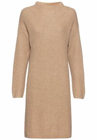 Strickkleid in hellbeige, mit hohem Ausschnitt, langen Ärmeln und gerippter Textur. Mittellang mit lässiger Passform.