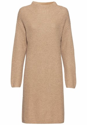 Strickkleid in hellbeige, mit hohem Ausschnitt, langen Ärmeln und gerippter Textur. Mittellang mit lässiger Passform.