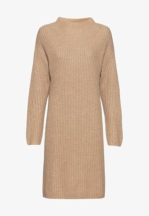 Strickkleid in hellbeige, mit hohem Ausschnitt, langen Ärmeln und gerippter Textur. Mittellang mit lässiger Passform.