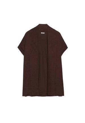 Dunkelbraune Kurzarm-Cardigan mit offener Vorderseite, lockerer Passform und gerippten Ärmelbündchen, auf einem weißen Hintergrund präsentiert.