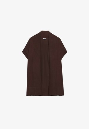 Donkerbruin kortemouw open voorkardigan met een losse pasvorm en geribde mouwuiteinden, weergegeven op een witte achtergrond.