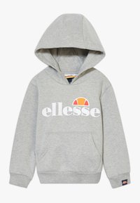 Lichtgrijze hoodie van een katoenmix. Voorzien van een grote kangoeroezak aan de voorkant, ribgebreide manchetten en een "ellesse" logo met een kleurrafische afbeelding erboven.