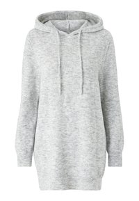 Grau gestrickter Kapuzenpullover mit lockerer Passform, Kordelzug am Hals und langen Ärmeln. Weicher Stoff mit einem dezenten Melange-Muster.