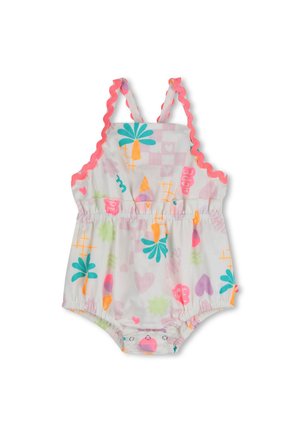 Witte babyschouderbroek met roze gegolfde bandjes, kleurrijke abstracte patronen en drukknoopjes bij het kruis voor gemakkelijke luierwissels.