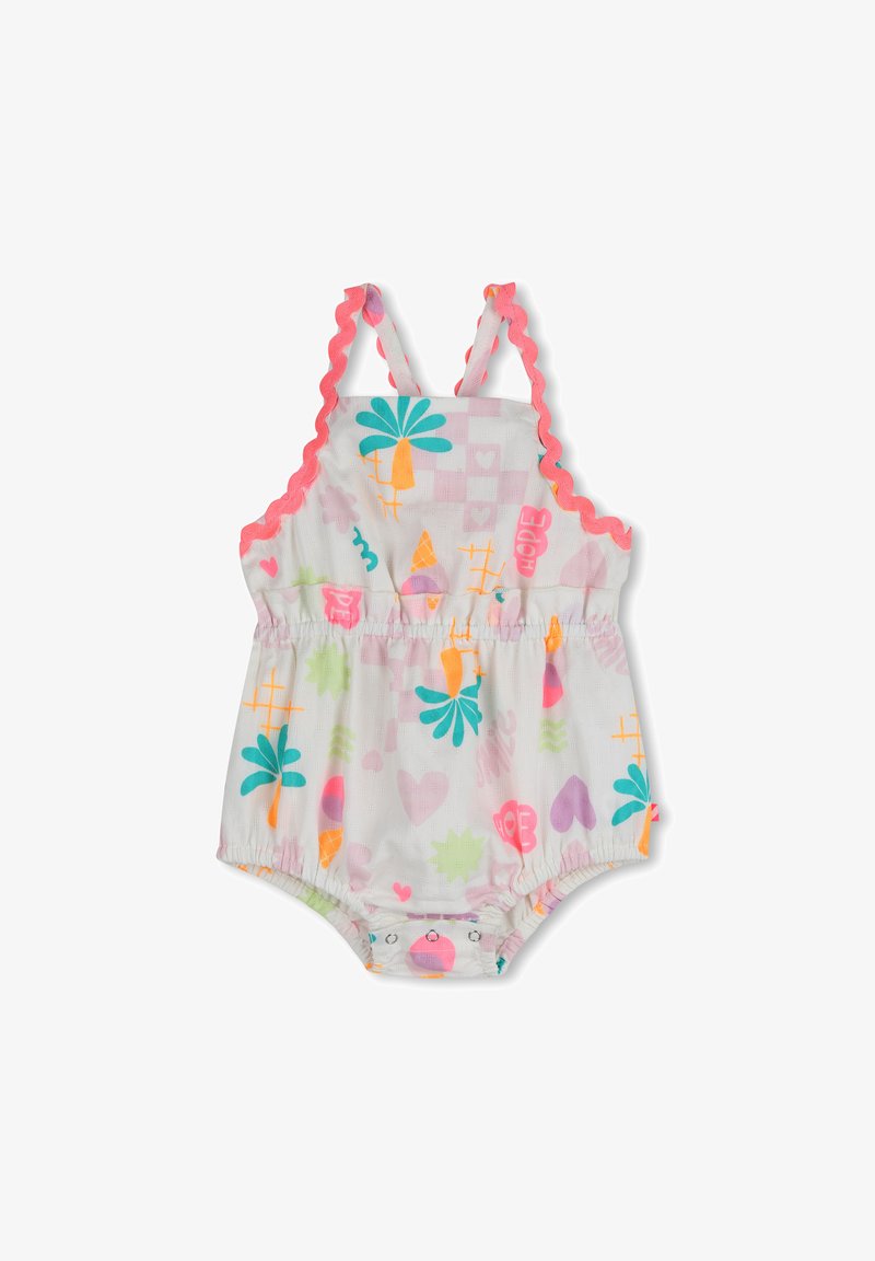 Grenouillère blanche pour bébé avec bretelles roses festonnées, motifs abstraits colorés, et boutons-pression à l'entrejambe pour faciliter le changement de couche.