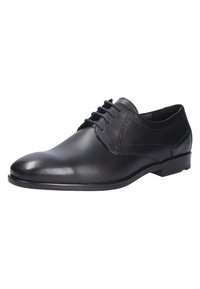 Schwarze Lederschuhe mit glatter Oberfläche, runder Zehenform, Schnürdesign und dezenten Nähten auf dem Obermaterial. Flache Sohle.